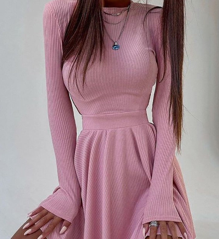 xakxx Spring Long Sleeve Solid Dress Girl A-line Pleated Skirt Prom Party Dance Clothes French Hollow Backless Dress for Women