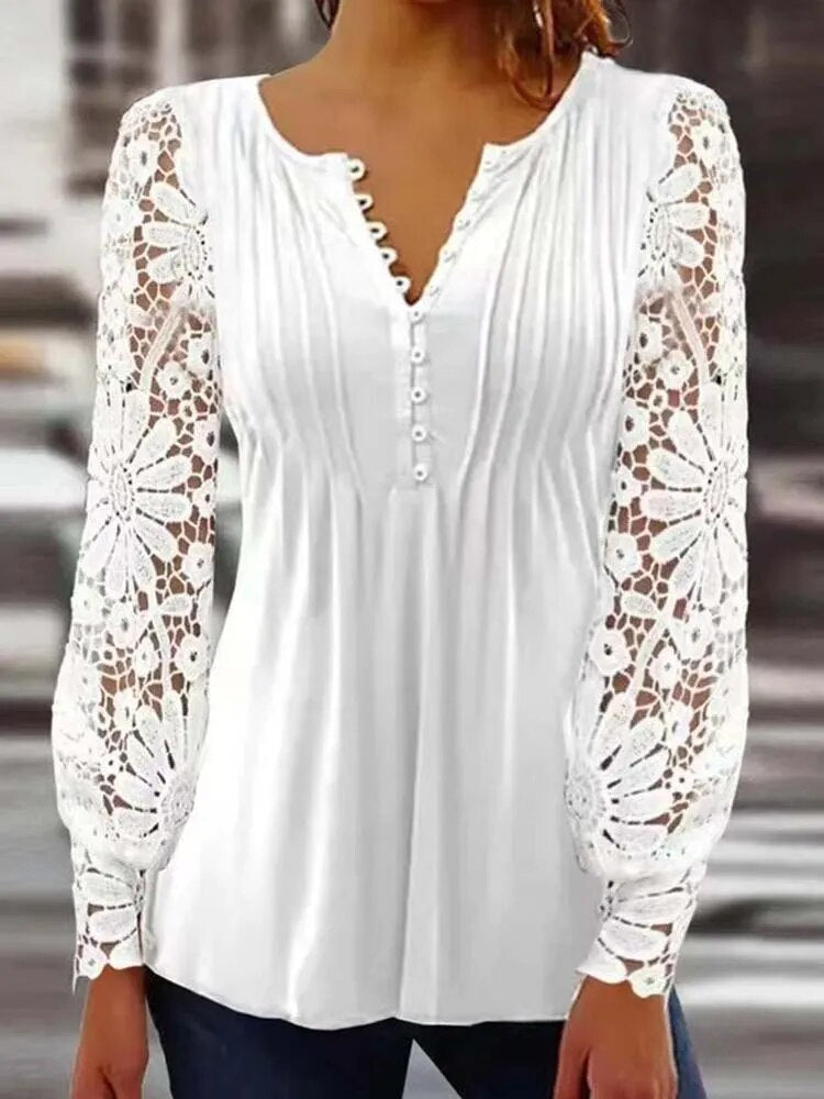 xakxx- Sexy Lace Blouses Women V Neck Hollow Out Long Sleeve Pleated Button Tops Female New Clothes Large Shirts