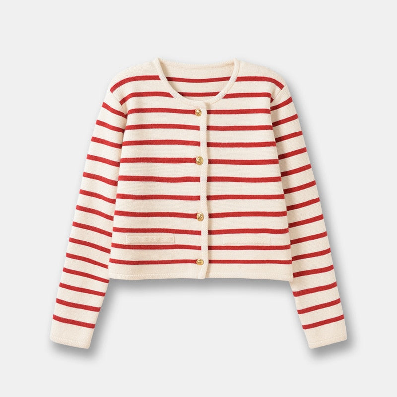 xakxx Women Single Breasted Striped Cardigan Jacket O-Neck Long Sleeve Casual Slim Short Knitted Coat for Ladies Spring
