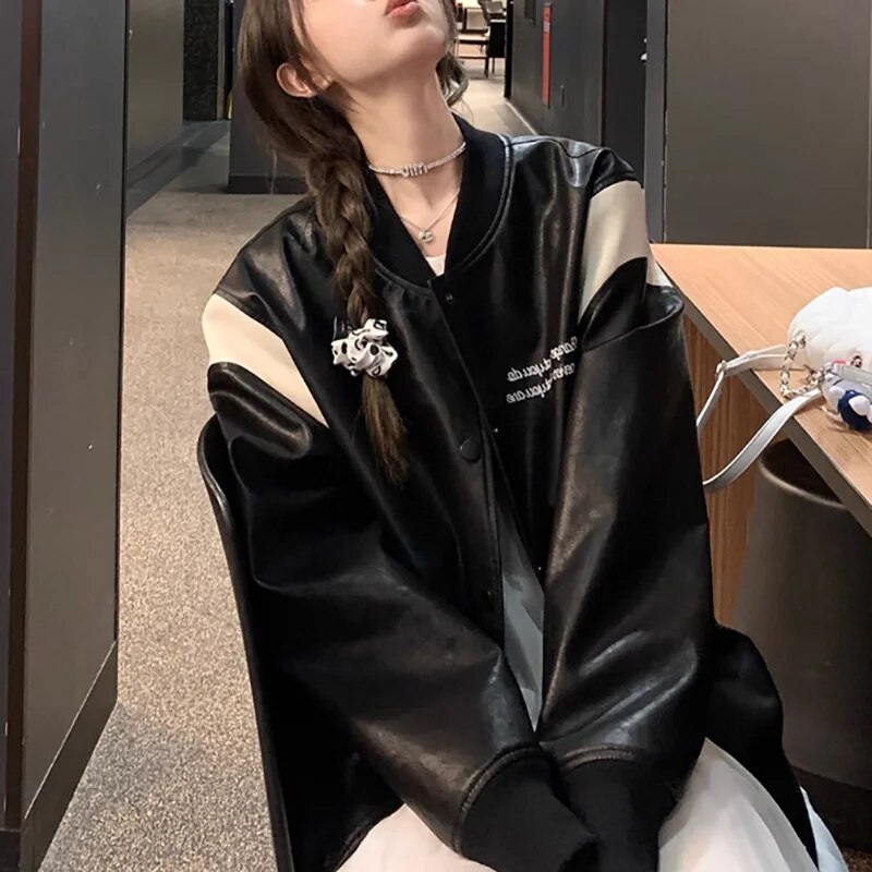 xakxx-Leather Coat Women Autumn Vintage PU Loose Coffee Baseball Jacket Fashion Black Coat For Women