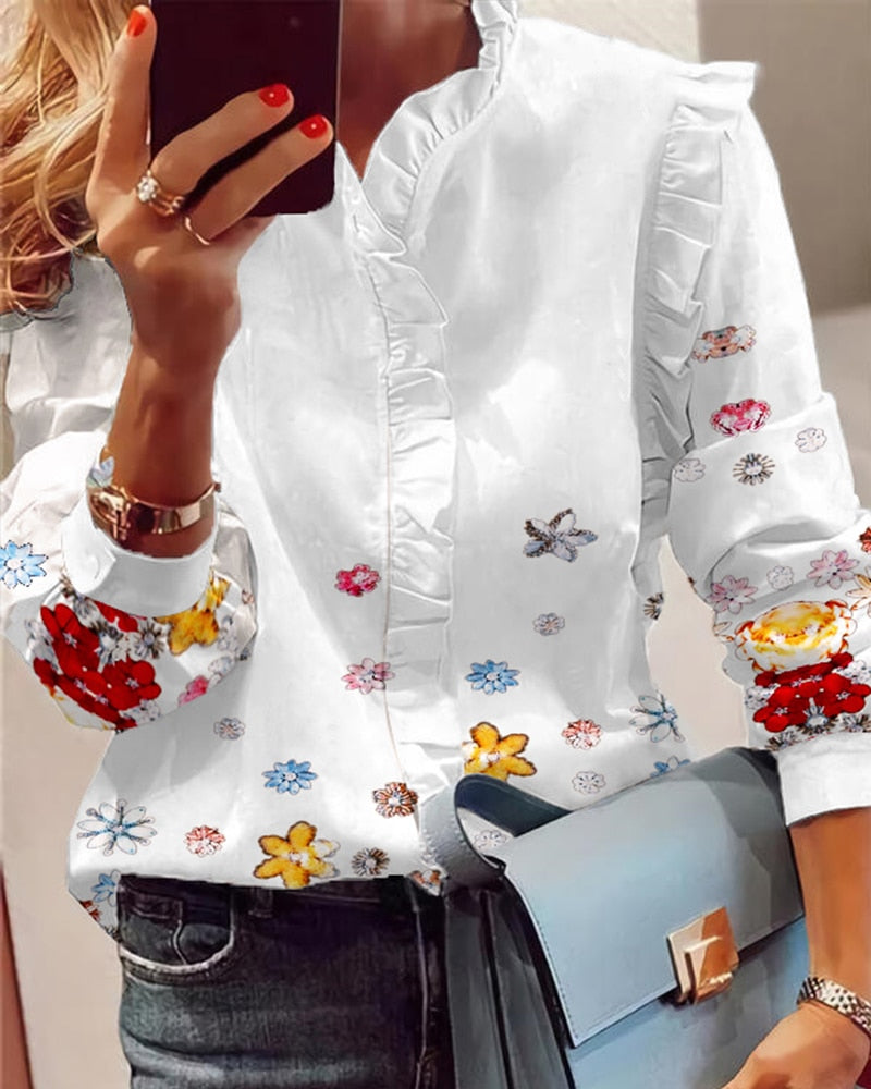 xakxx xakxx Autumn outfits Women Elegant Fashion Butterfly Print Blouses Top Ruffled Trim Casual Long Lace Sleeve Blouse