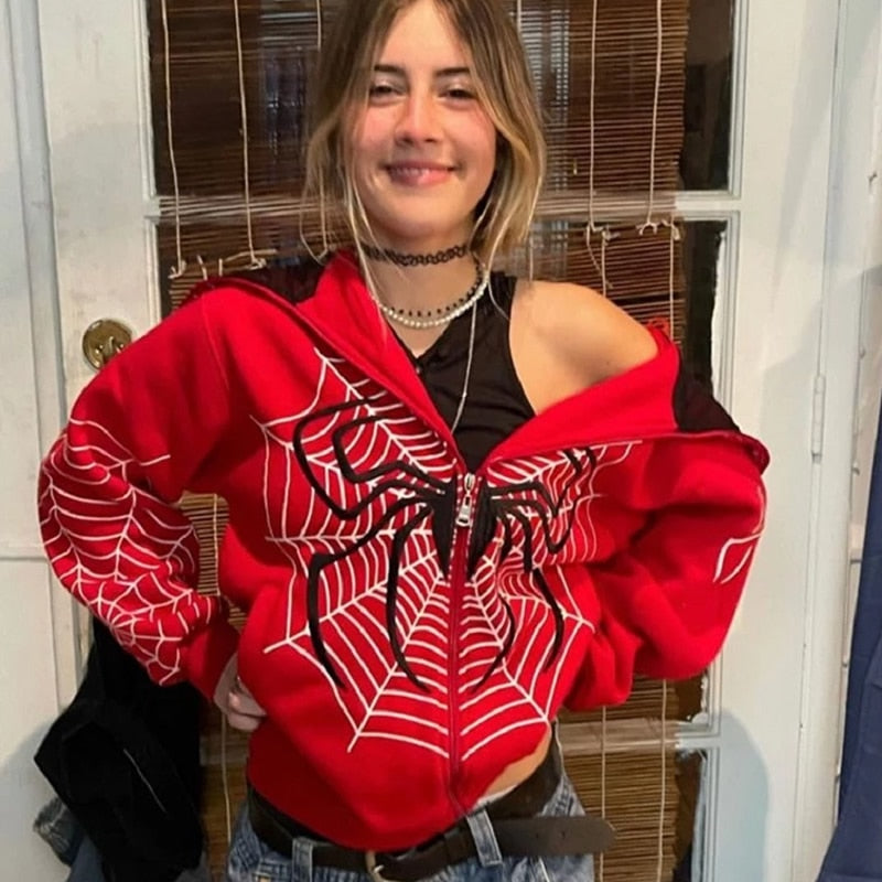 xakxx Y2k Emo Women Streetwear Hoodie Spider Web Red Zip Up Hoodies Grunge Oversized Sweatshirt Gothic Harajuku Alt Jackets Clothes