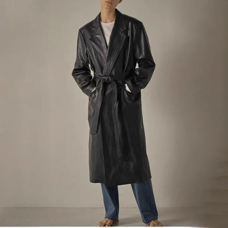xakxx Woman Trench Coat Winter Female Clothing Belted Mid-Length Solid Color Loose Leather Jacket Coat