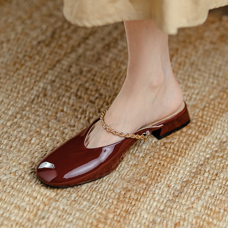 xakxx Outside Women's Muller Shoes Fashion Designe Middle Heel Ladies Sandals Classic Lersure Patent Leather Lazy Female Slipper