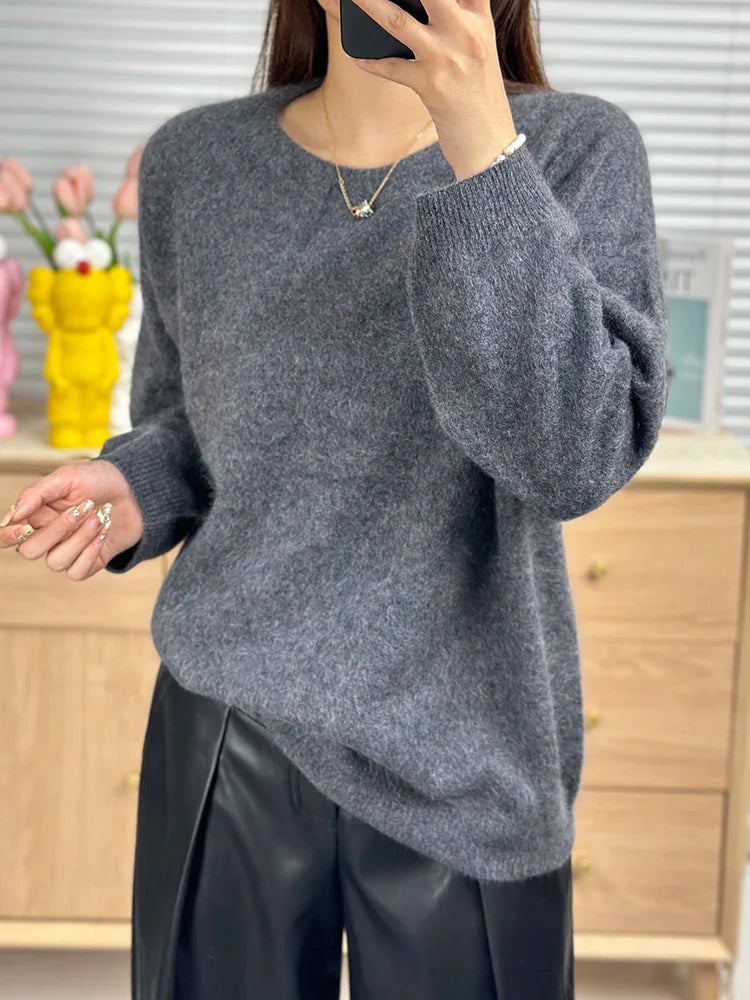 xakxx xakxx-Lazy wind thin ladies napped cashmere sweater soft waxy skin-friendly round neck loose sweater lazy wind sweater