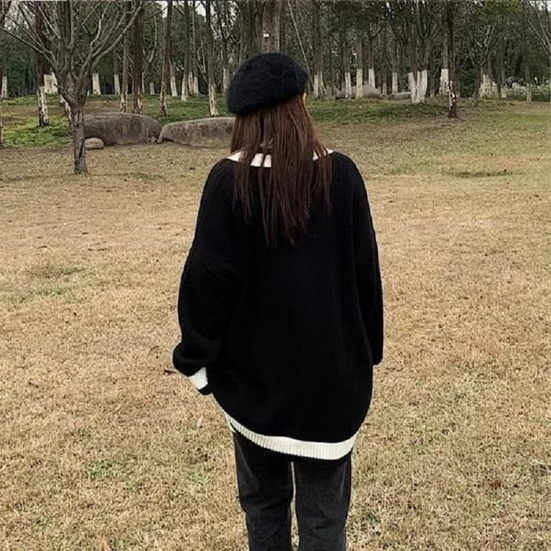 xakxx Korean Style Black Knitted Cardigan Sweater Women Oversize Fashion Single Breasted Knitwear Jackets Autumn Jumper Coat