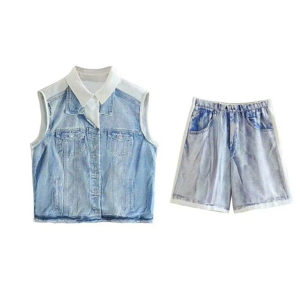 xakxx xakxx - New women's denim sleeveless lapel shirt printed silk texture shirt casual shorts high waist suit