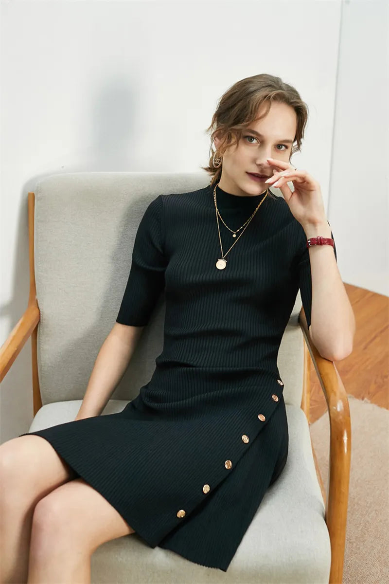 xakxx xakxx Summer Women Crew Neck Metalic Button Side Black Knited Mini Dress Office Lady Black Robe High Quality