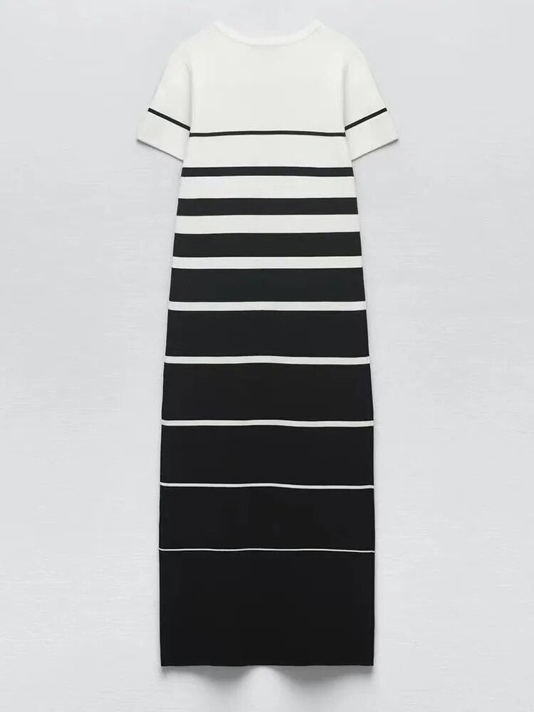 xakxx xakxx- New Femininity Casual Vibrant Sexy Knit High Stretch One Size Short Sleeve Round Neck Striped Midi Dress