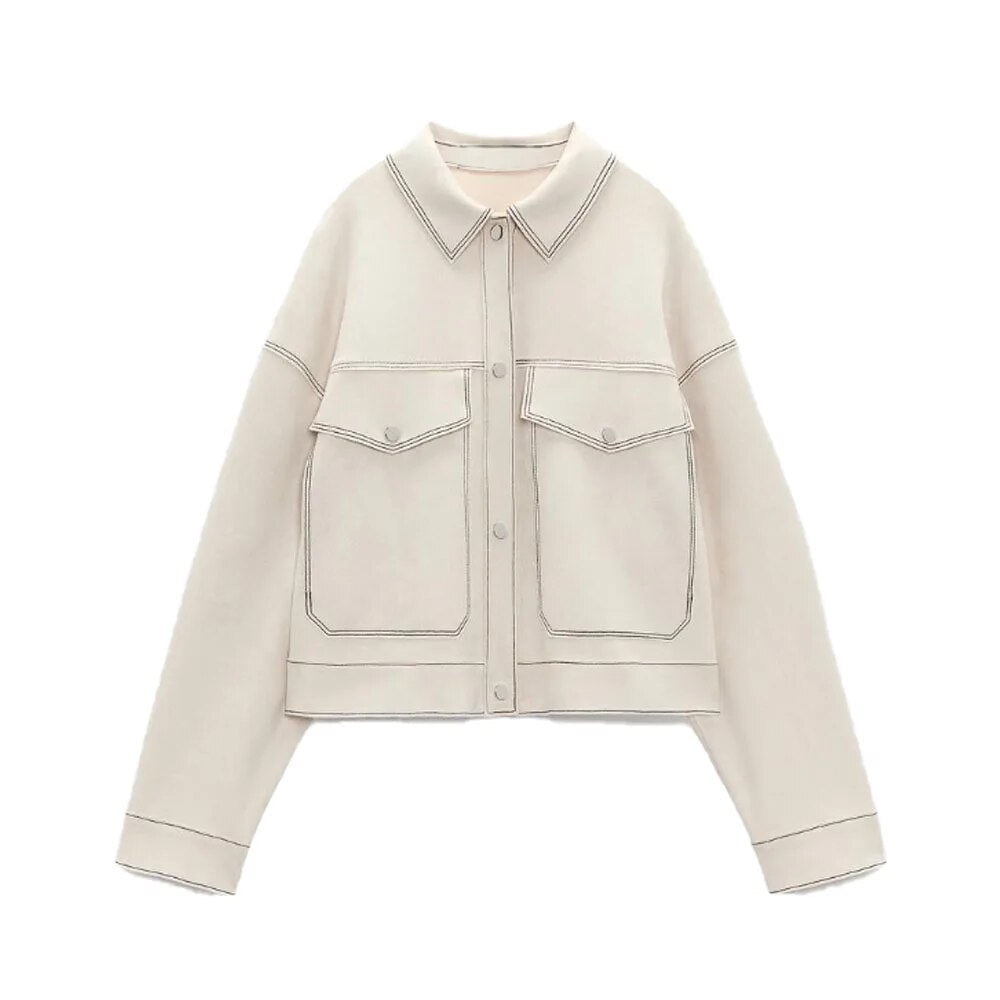 xakxx- spring new women's casual and versatile temperament retro lapel pocket loose collision color short jacket