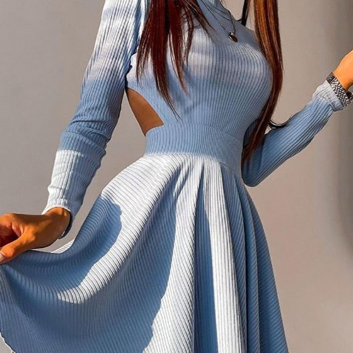 xakxx Spring Long Sleeve Solid Dress Girl A-line Pleated Skirt Prom Party Dance Clothes French Hollow Backless Dress for Women