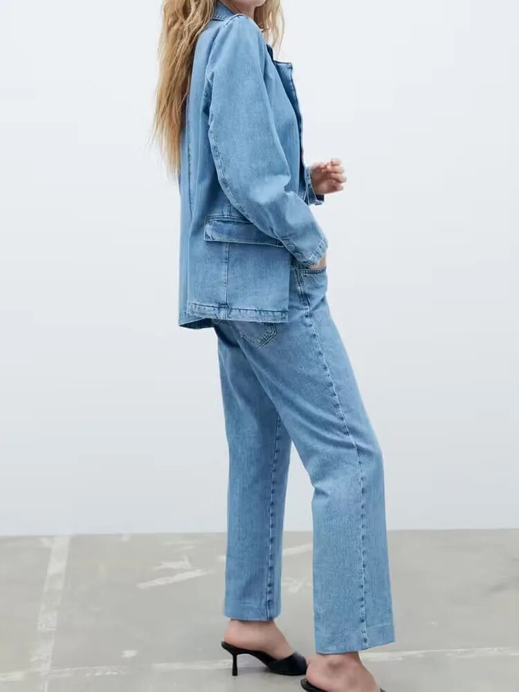 xakxx xakxx - New Women's Front Zipper and Matching Lined Button Closure Straight Barrel High Waist Jeans Double breasted Suit Coat