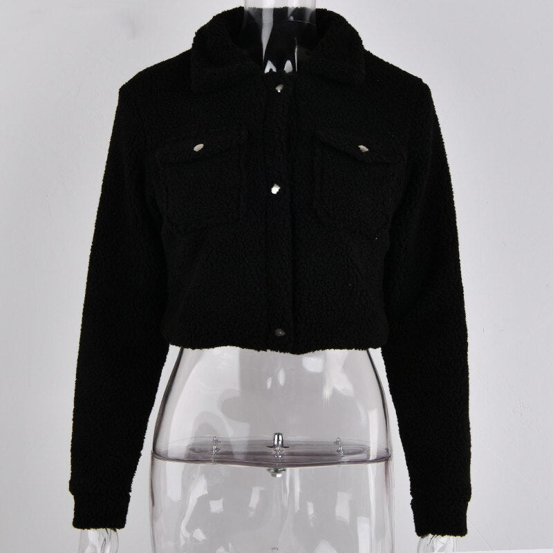 xakxx Thanksgiving Autumn Winter Short Coats And Jackets Solid Color Long Sleeve Casual Outerwear Woman Button Turn-Down Jackets Female