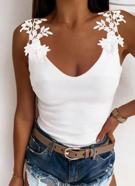 xakxx- Lace Petal Tank Top Solid Color Ladies T-Shirt Women Oversize Hollow sleeveless V-Neck Slim Casual Tops Tee Tunic