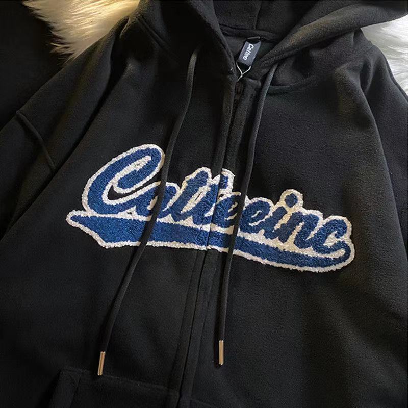 xakxx Vintage Oversized Hoodies Women Letter Printing Zip Up Sweatshirts Streetwear Casual Long Sleeve Hooded Sweatshirt Clothes Top