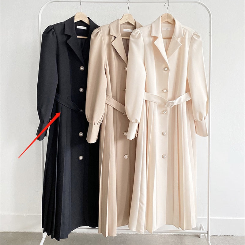 xakxx Elegant Women Spring Notched Collar Suit Single-Breasted Office Lady Full Sleeve High Waist Female Pleated Midi Dress
