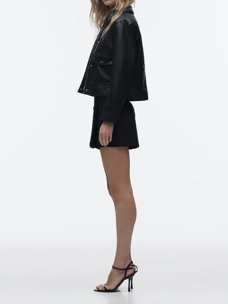 xakxx- spring new women's black loose casual hundred sexy Riley retro lapel temperament imitation leather jacket jacket