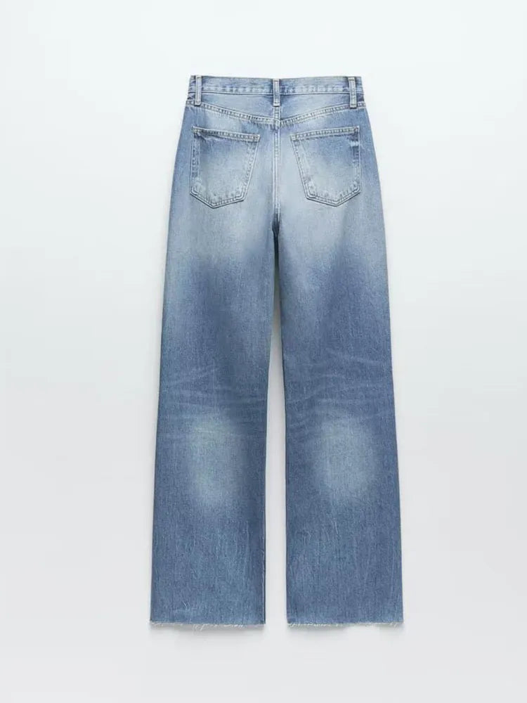 xakxx xakxx- New Women's Extra Long Wide Leg Zipper and Metal Button Closure High Waist Casual Wide Leg Jeans