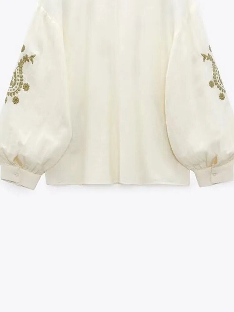 xakxx xakxx - New women's embroidered cotton shirt V-neck long-sleeve cuffs pleated design contrast embroidery decoration