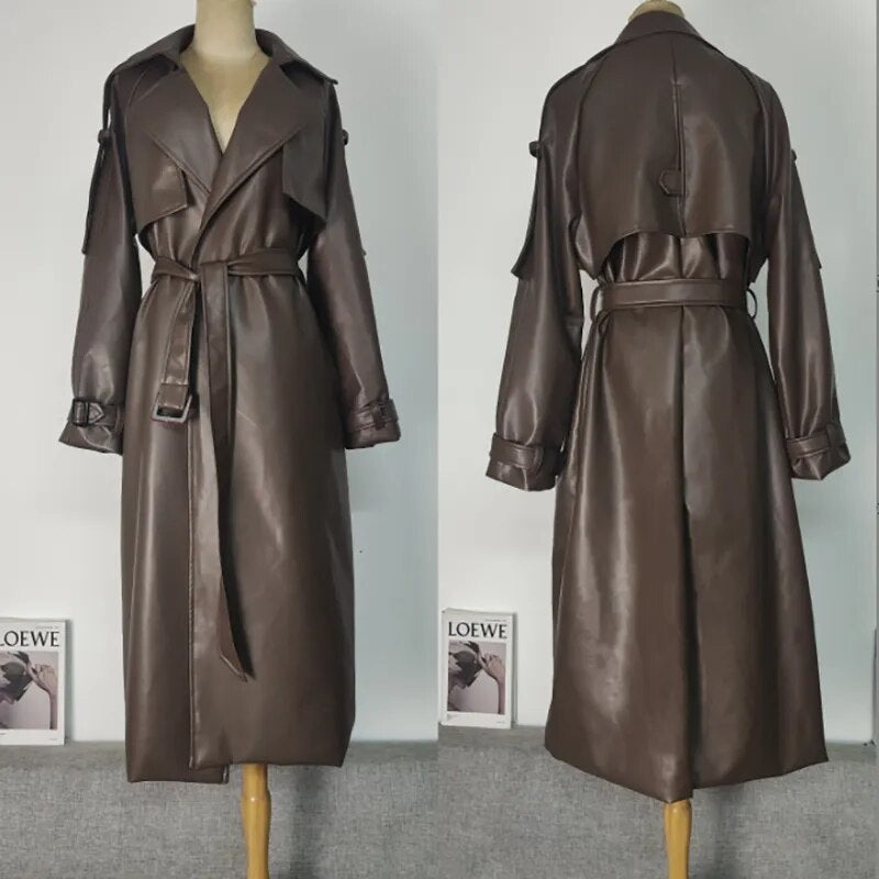 xakxx xakxx-Leather Long Trench Coat Women Autumn Fashion Loose Coffee PU Windbreaker Trench Coat For Women Plus Size