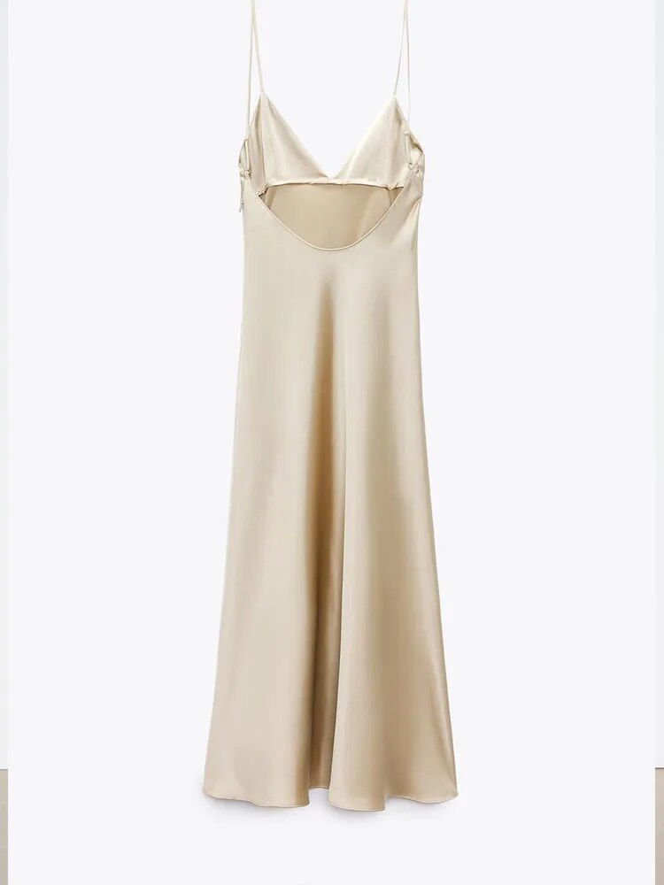 xakxx- New Women's Silk Satin Texture Underwear V Neck Adjustable Spaghetti Straps Open Back Side Seam Concealed Zipper Closure Dress