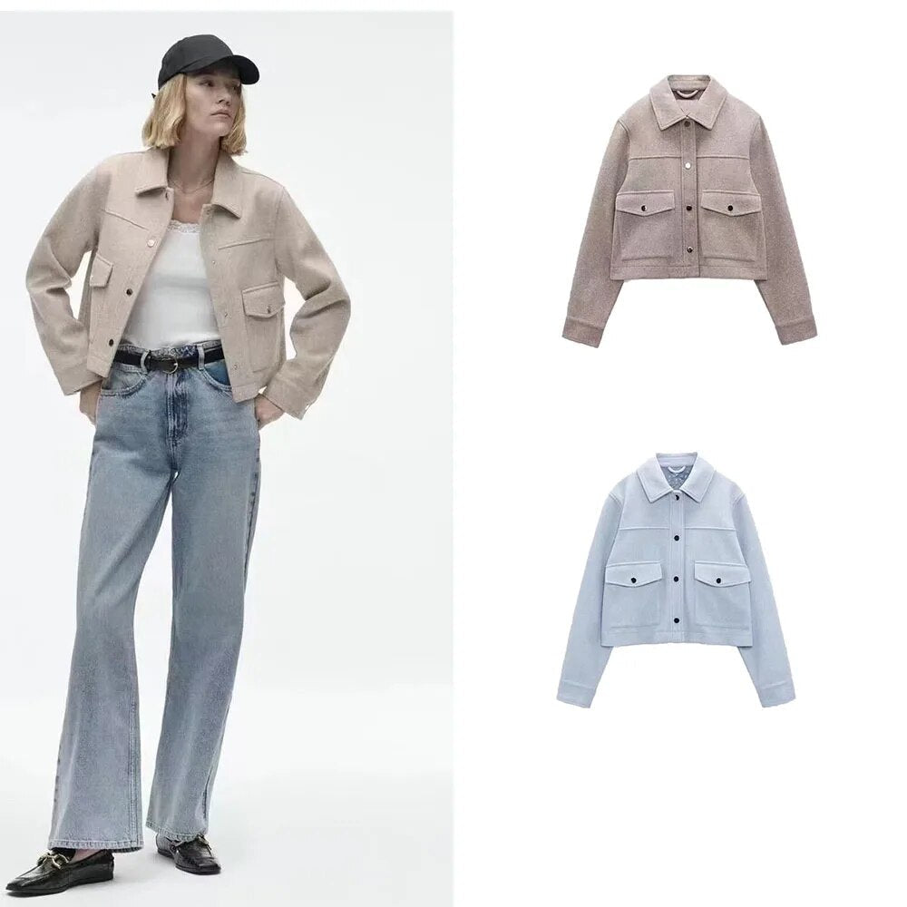 xakxx- Spring new women's front metal snap closure with patch pocket lapel long-sleeve soft jacket jacket