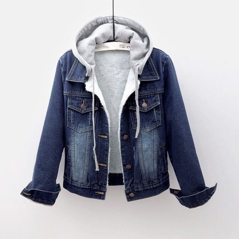 xakxx Black Friday Winter Fleece Denim Coats Women Faux Hooded Thicken Plus Velvet Jacket Female Vintage Blue Warm Frayed Overcoat Outwear