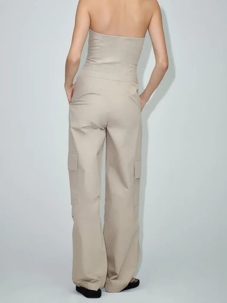 xakxx xakxx- New women's off-shoulder design, concealed zipper closure at side seam, long workwear jumpsuit