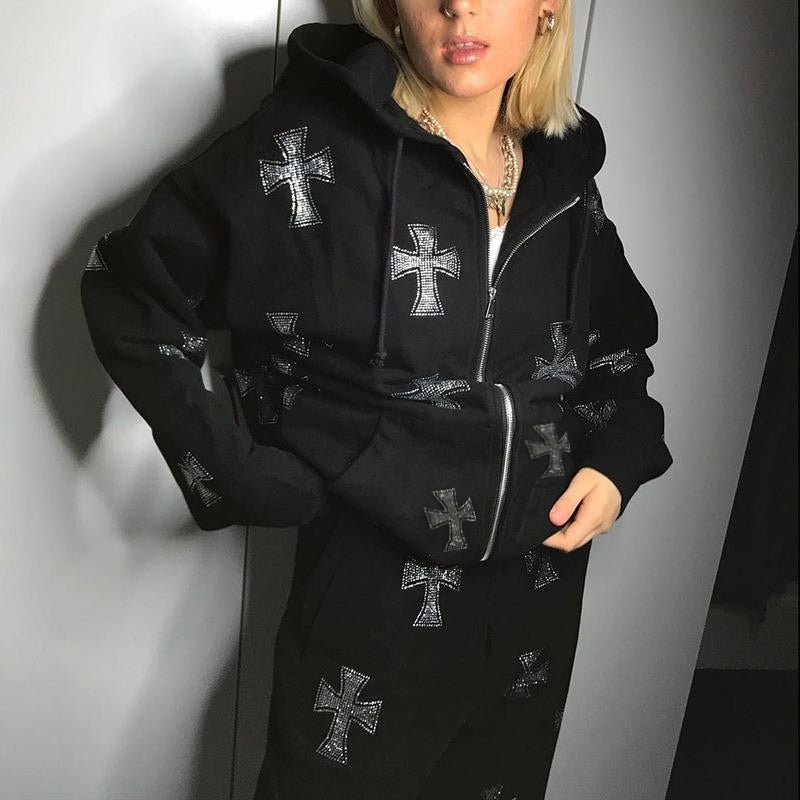 xakxx Hip Hop Sweatshirts Gothic Rhinestone Graphics Jogger Jacket Suit Y2K Long Sleeve Zip Up Oversized Men Punk Hoodie Coat Clothing