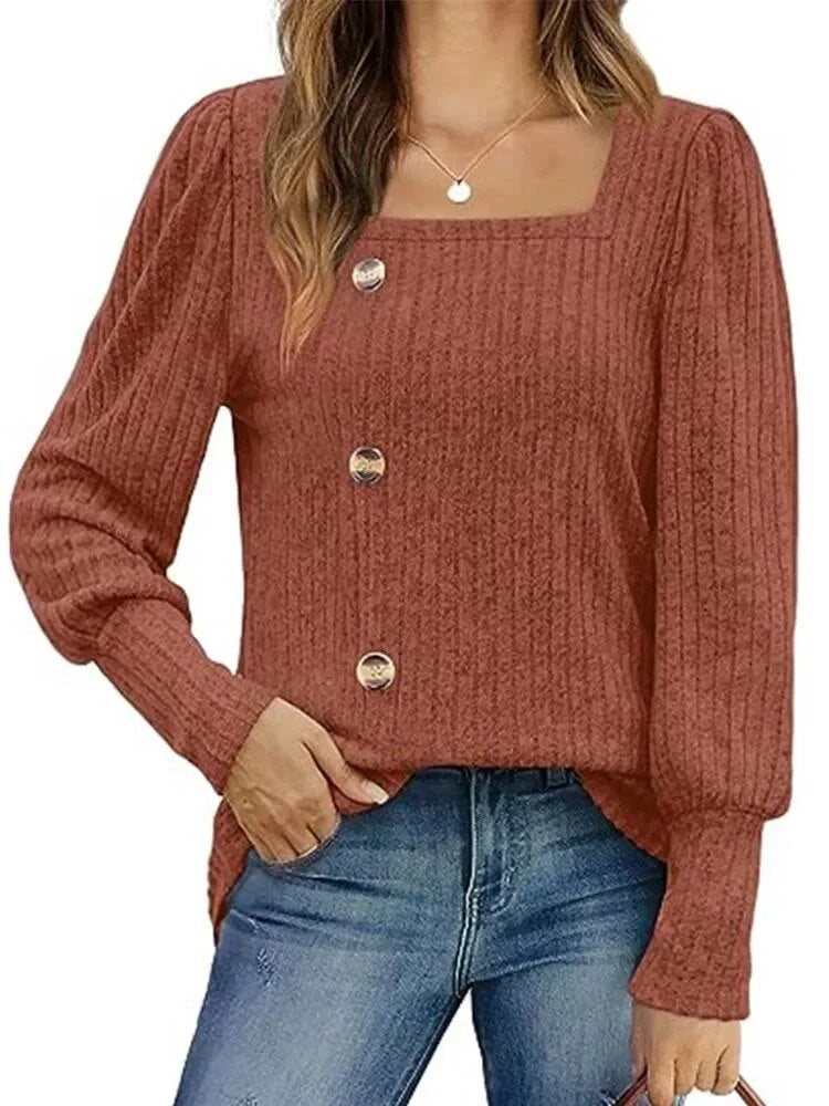 xakxx xakxx- Casual Button Square Collar T-Shirt Women Solid Color Long Sleeve Tops OL Lady Autumn Loose Pullover