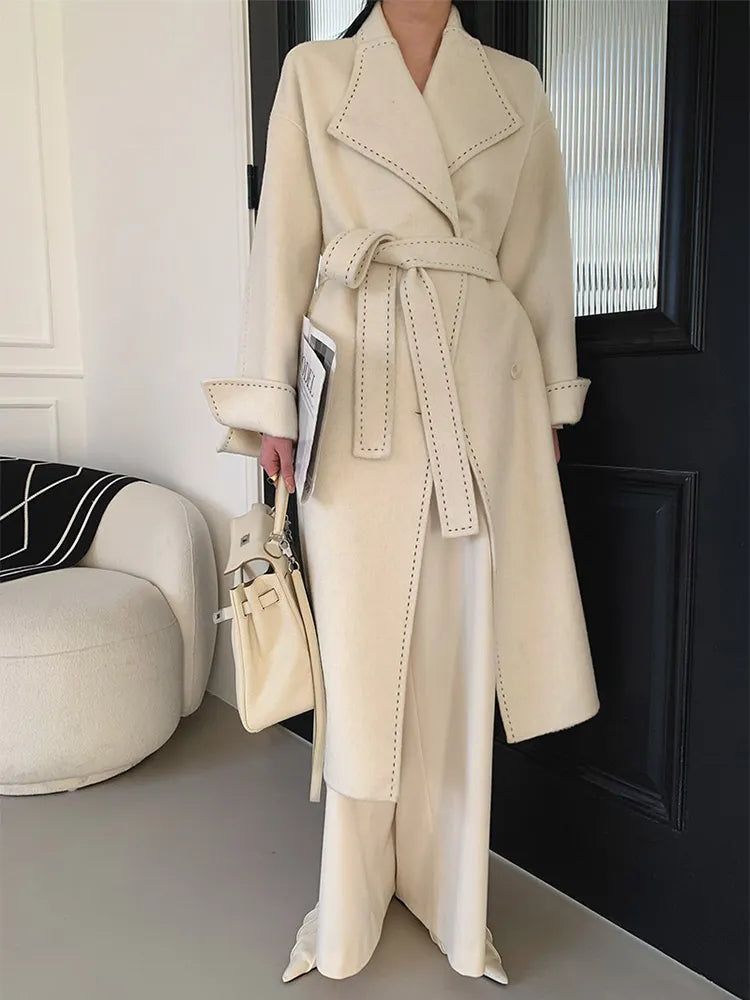 xakxx-New Women Simple Arch Needle Doulbe-sided Wool Coat Loose Long Lapel Lace-up Fashion Woolen Jacket Warm Outerwear Autumn Winter