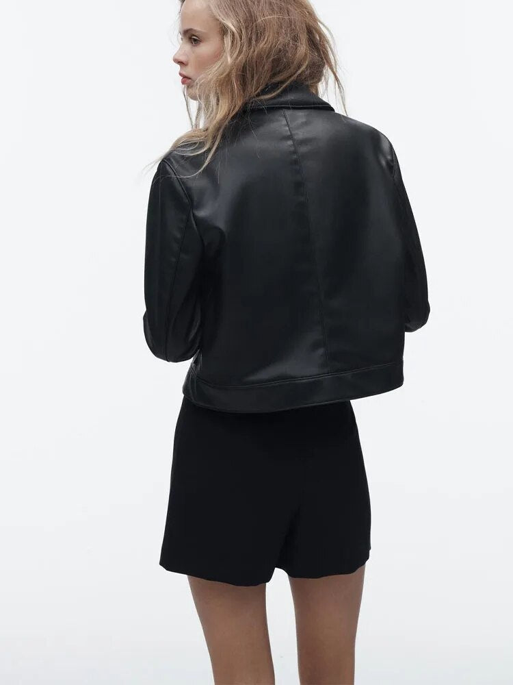 xakxx- spring new women's black loose casual hundred sexy Riley retro lapel temperament imitation leather jacket jacket