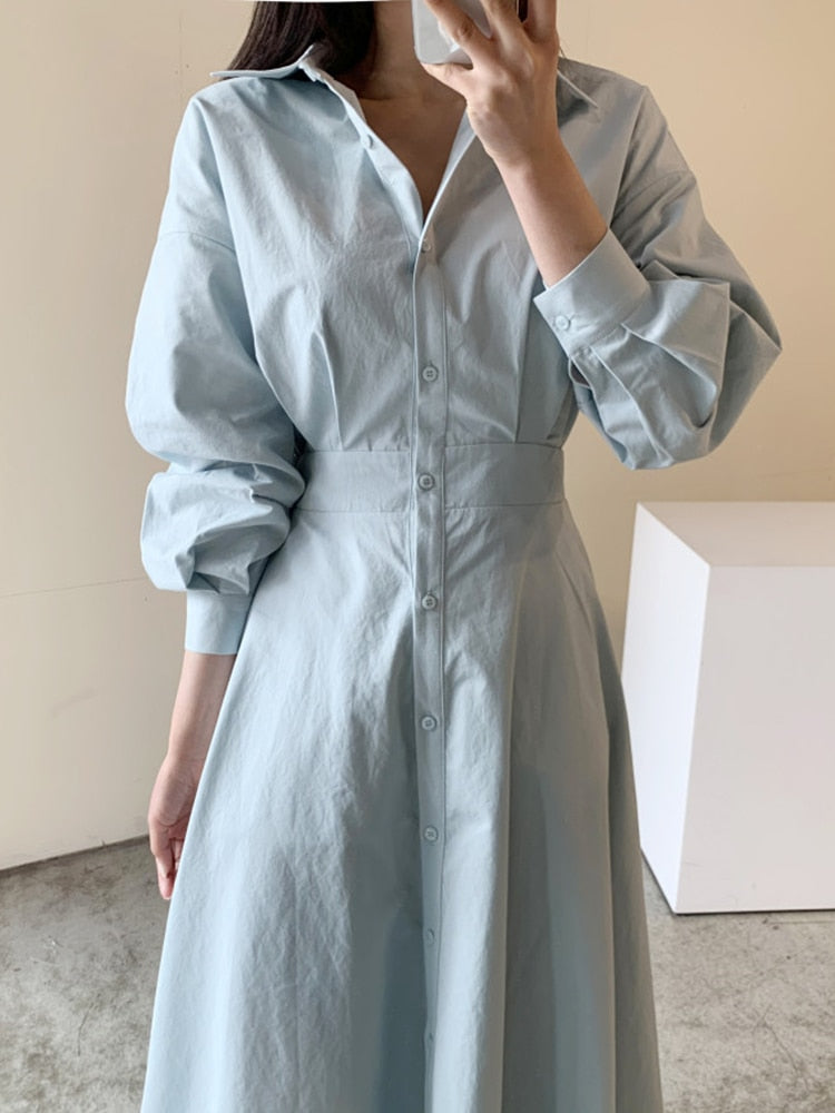 xakxx Spring Elegant Office Lady Vintage Office Puff Sleeve Shirt Dress Women Casual Single-Breasted A-Line Dresses