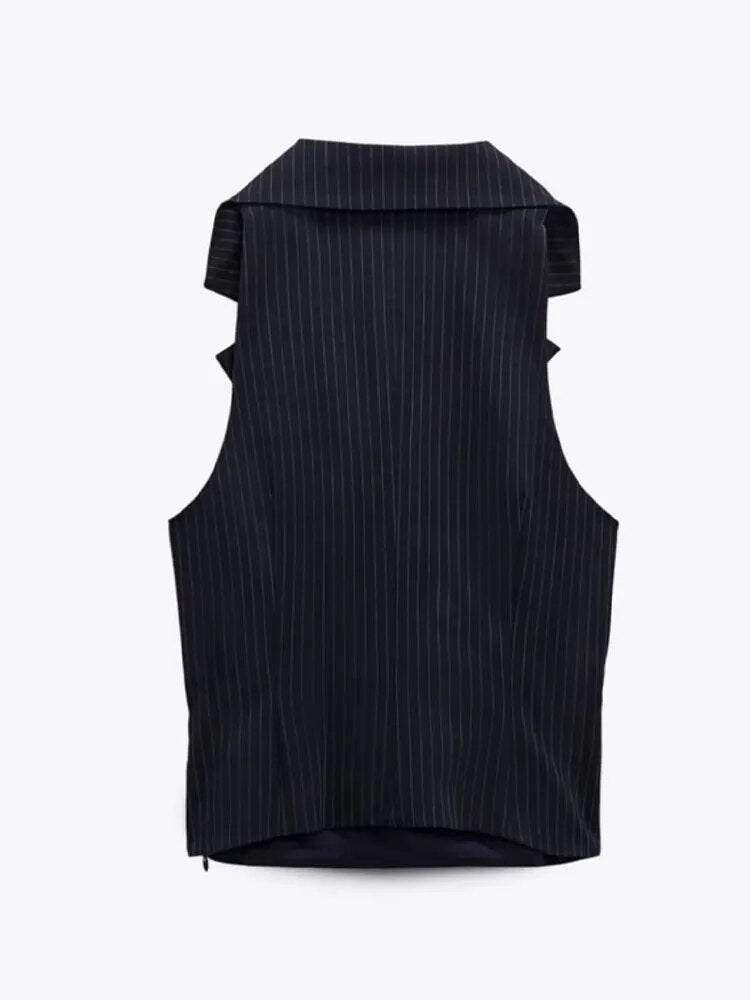 xakxx xakxx- Autumn New Temperament Fashion Versatile Sexy Design Sense Small Polo Collar Sleeveless Pinstripe Suit Vest Vest
