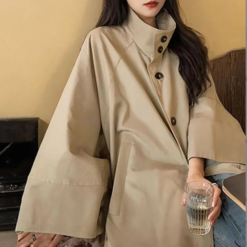 xakxx xakxx-Khaki Short Windbreaker Trench Coat Women Autumn Fashion Causal Loose Double Breasted Trench Coat For Women Plus Size