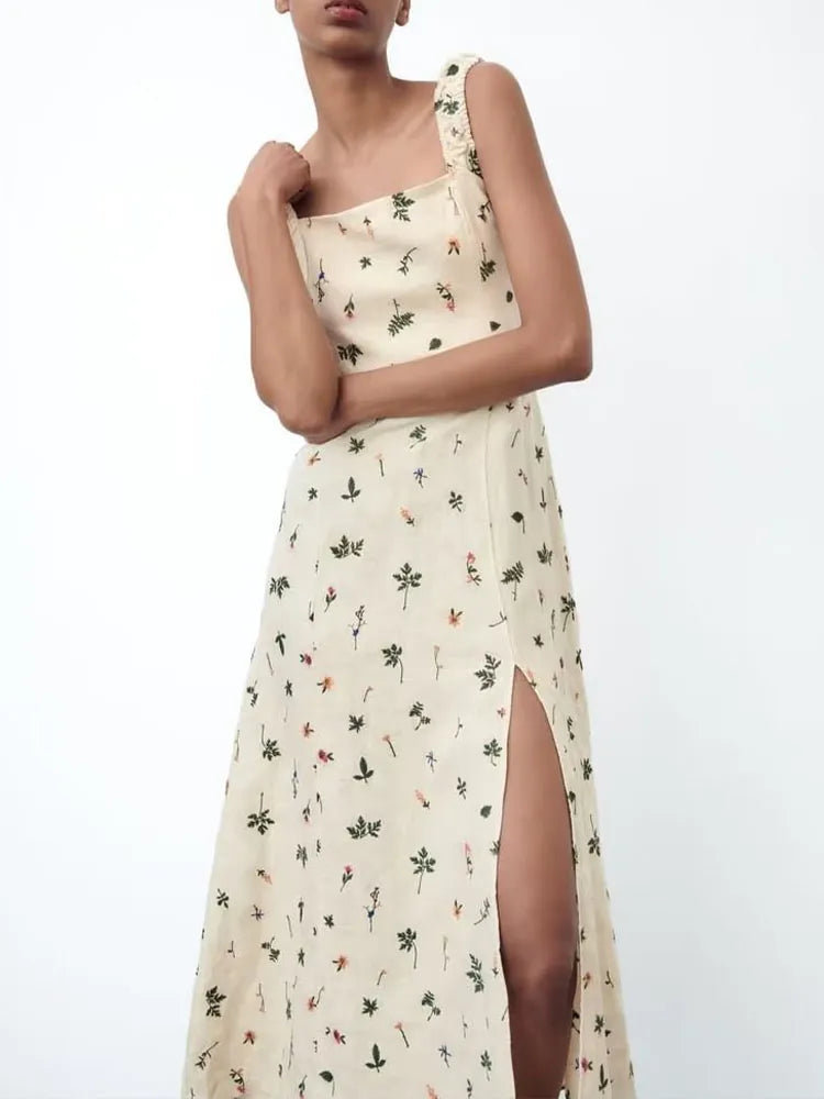 xakxx- Summer new women's clothing sexy backless strappy pastoral style open back linen embroidery midi strap dress