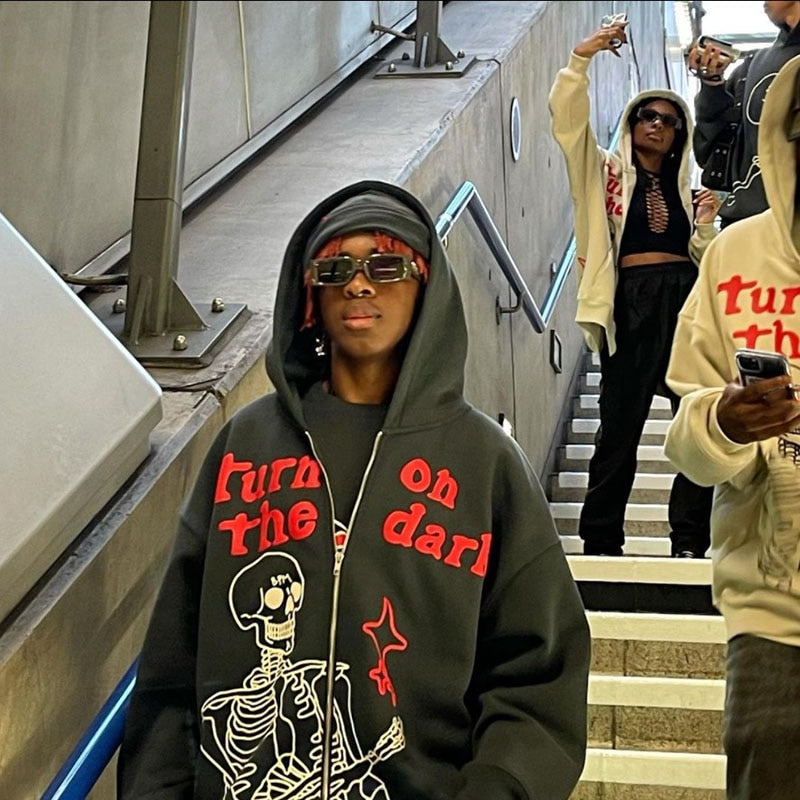 xakxx Men's Hoodies Hip Hop Skeleton Print Long Sleeve Oversized Sweatshirts Tops Y2k Gothic Grunge Zip Up Hoodie Jacket Streetwear