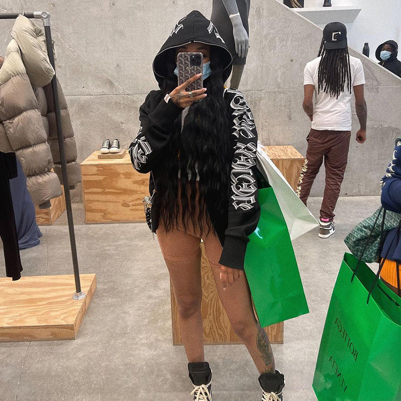 xakxx Zip Up Hoodie Women Gothic Punk Letter Printed Long Sleeve Sweatshirts Coats Autumn Winter Retro Streetwear Y2K Hoodie Jackets