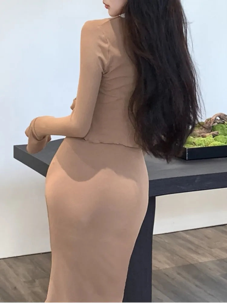 xakxx Spring Sexy Women Elegant Bodycon Dress Sets Slim Vintage Strap Party Vestidos Cardigans 2 Pieces Female Korean Fashion Outfits