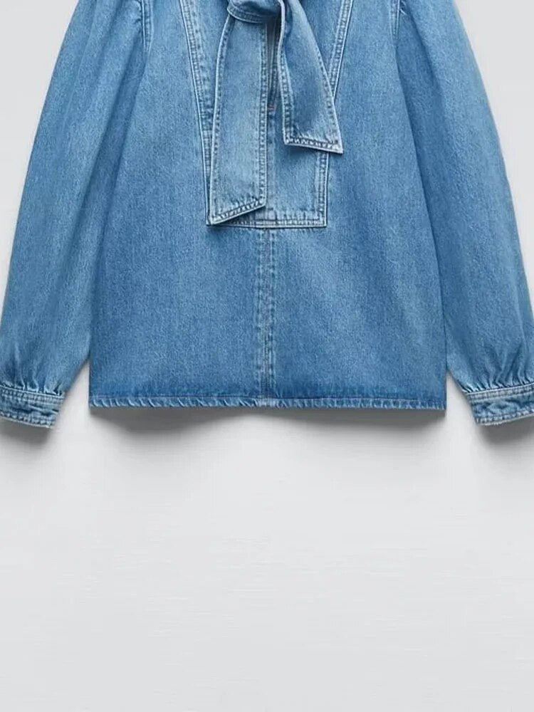 xakxx xakxx- New women's wear long-sleeved commuter pullover, temperament, versatility, women's bow decoration, denim shirt