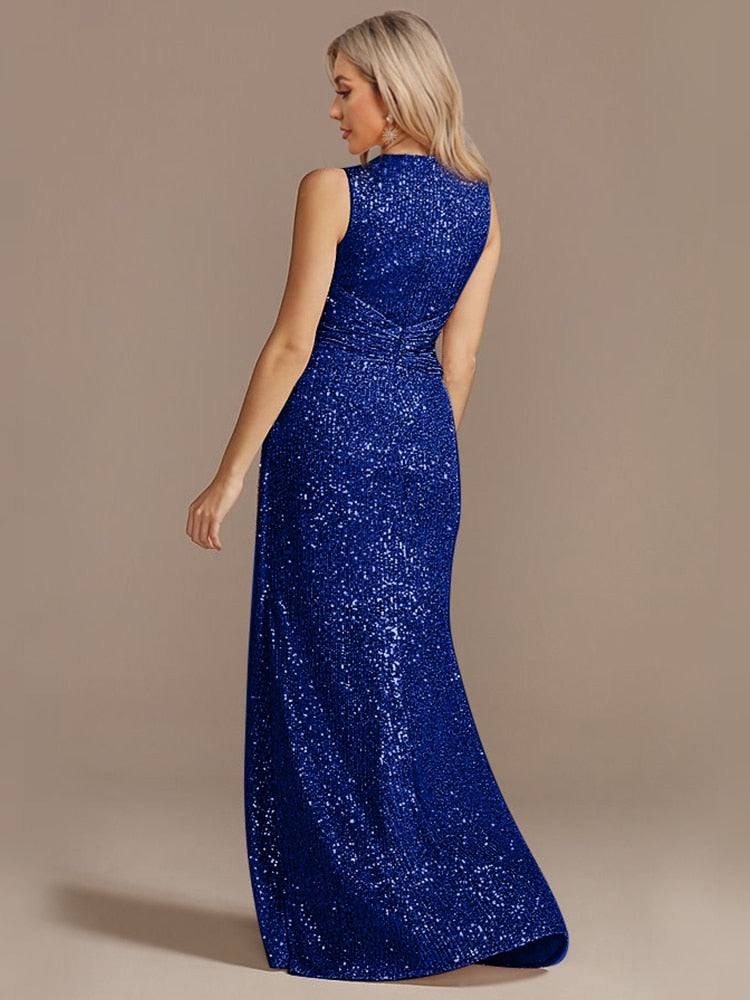 xakxx Women New VNeck Party Maxi Dress Sleeveless Black Sequin Evening Dress Long Prom Cocktail Dress Formal Vestidos