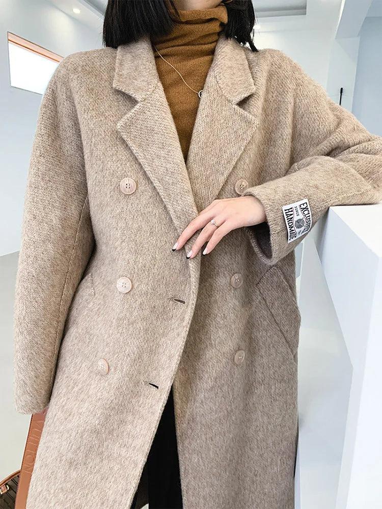 xakxx-New High-end Women Wool Herringbone Loose Double-sided Wool Coat Temperament Handmade Natural Wool Fashion Jacket Autumn Winter