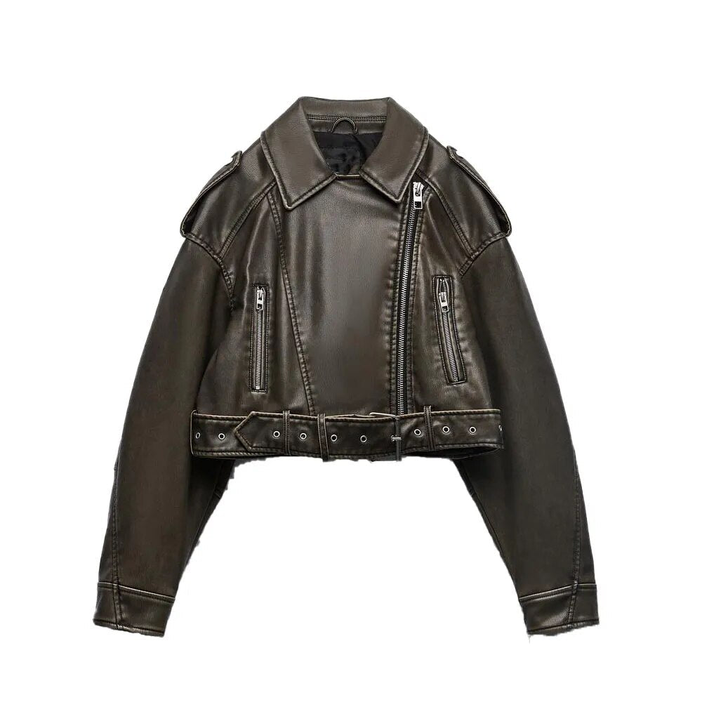 xakxx- Spring new women's front pocket with straps on shoulder lapel long-sleeved imitation leather jacket