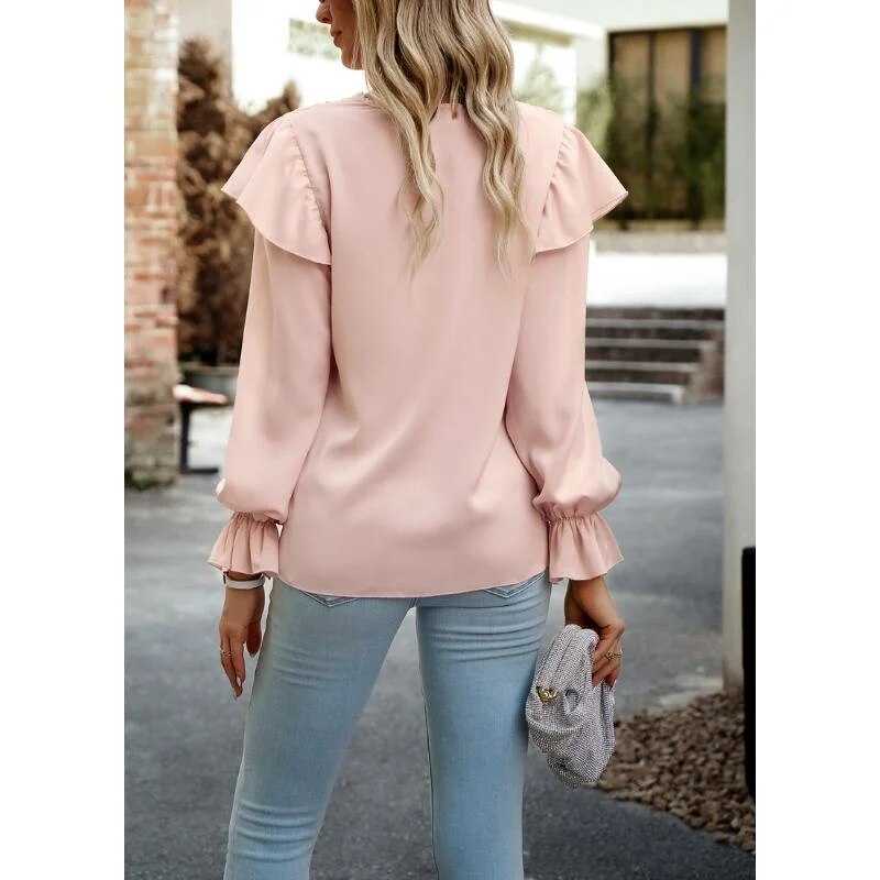 xakxx- Elegant Ruffle Blouse Women V-Neck Long Sleeve t Shirt Lady Spring Autumn Temperament Solid Color Black Tops