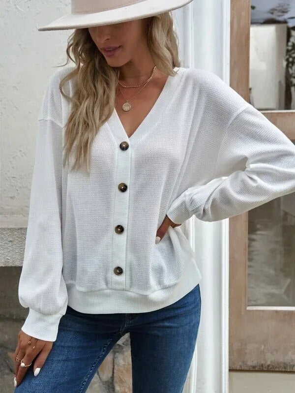 xakxx- 6 Colors Lightweight Jacket Women Button V-Neck Long Sleeve Short Coat Female Autumn Solid Cardigan Casual Loose Tops