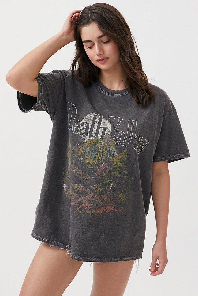 xakxx Streetwear Print Oversized Black Gray Tshirt Women Summer O Neck Short Sleeve Tops Casual Loose Ladies Tee