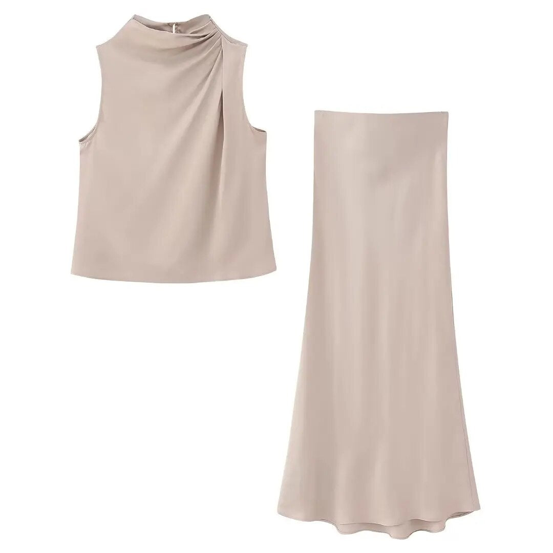 xakxx xakxx - New Women's Clothes Casual Fashion Pleated Design Silk Satin Top Slim High Waist Silk Satin Midi Skirt Set