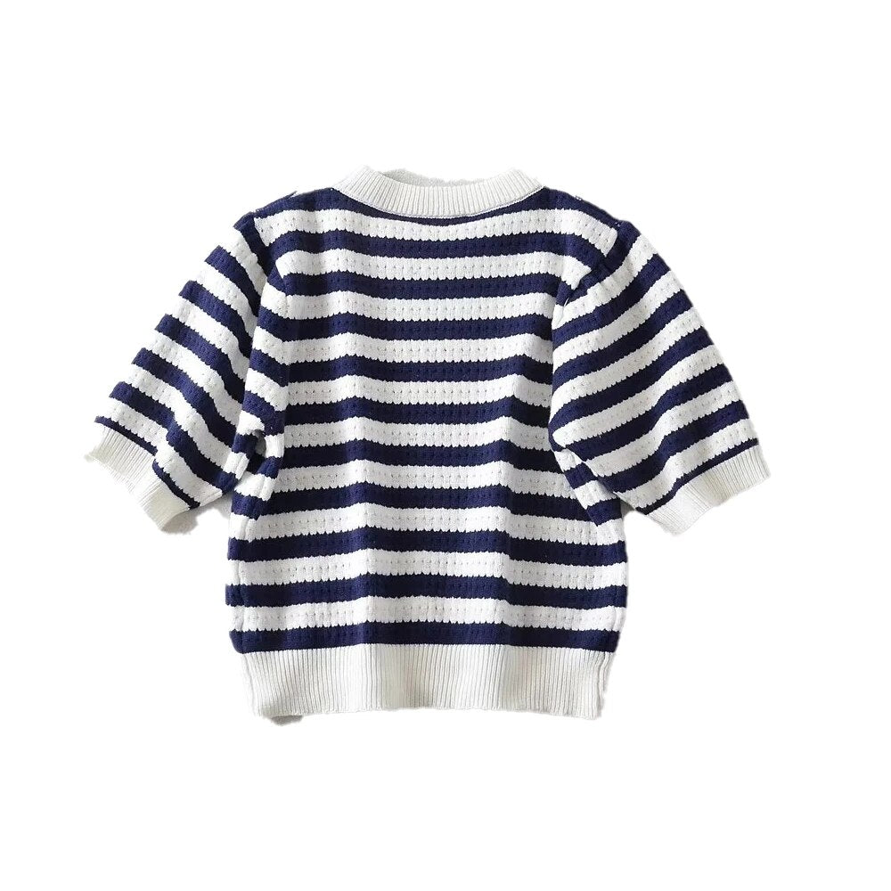 xakxx xakxx - New women's clothing, stylish, casual, elegant, thin, Ruili round neck short-sleeved striped textured sweater
