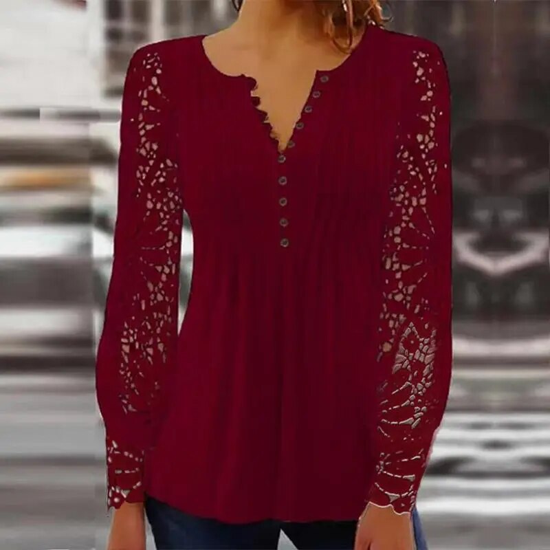 xakxx- Sexy Lace Blouses Women V Neck Hollow Out Long Sleeve Pleated Button Tops Female New Clothes Large Shirts
