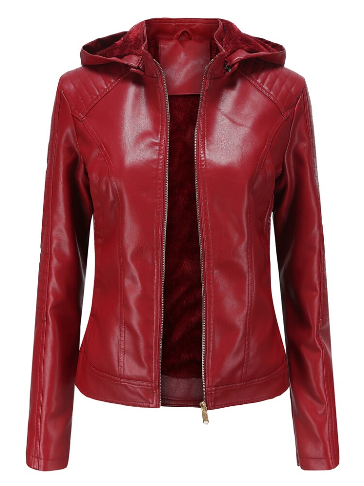 xakxx Black Leather Jackets for Women New Winter Warm Korean Fashion PU Zipper Plush Hooded Vintage Streetwear Clothes Coat Women